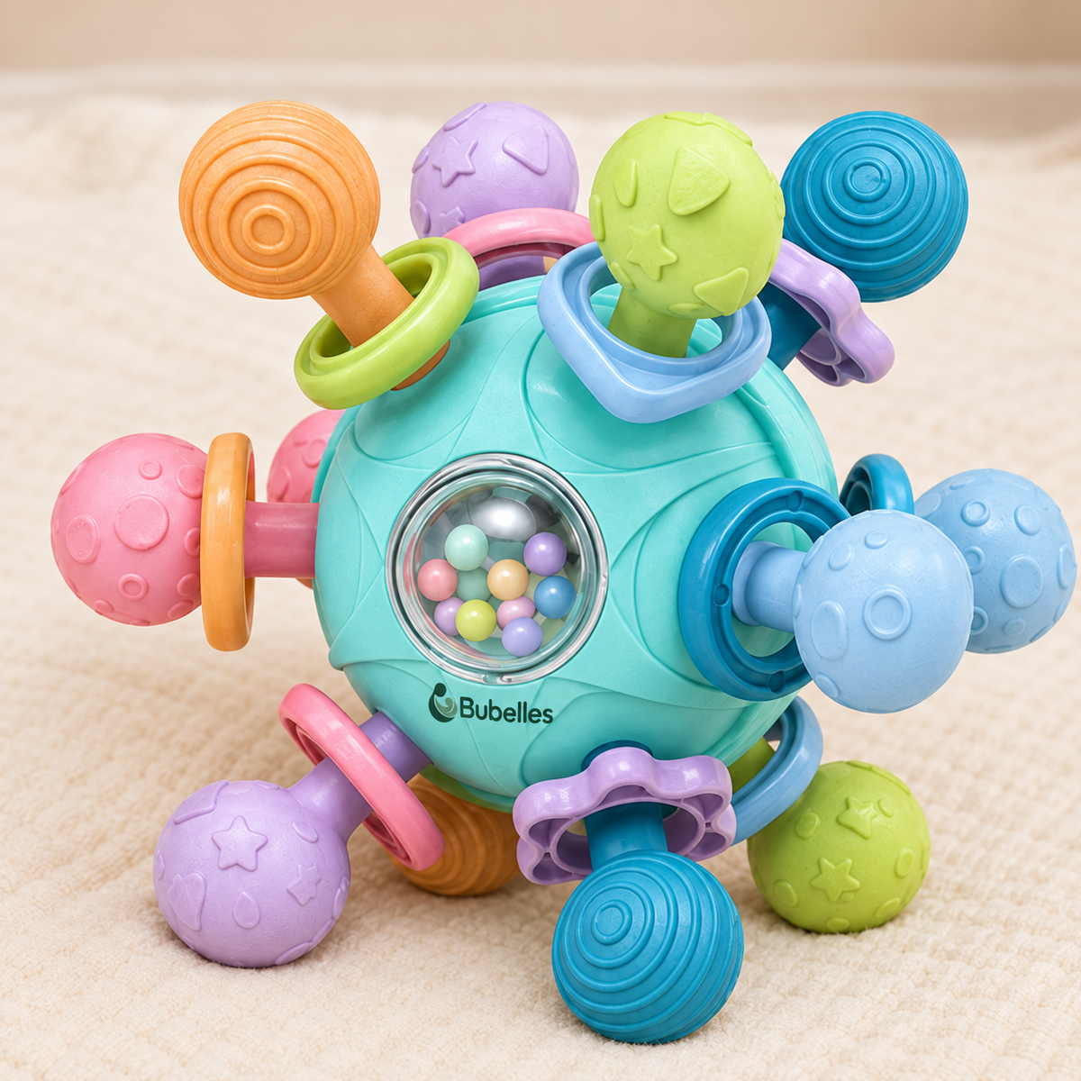 Bubelles Greifball mit Silikonelement und Rassel – Produktansicht